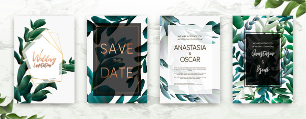 Wedding invitation frame set; flowers, leaves, watercolor, minimal vector. Sketched wreath, floral and herbs garland with rose, green, greenery color. Handdrawn Vector Watercolour style, nature art.