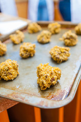 Tray of Unbaked Oatmeal Raisin Cookie Dough Balls
