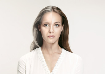Comparison. Portrait of beautiful woman with problem and clean skin, aging and youth concept,...