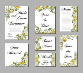 Fototapeta na wymiar Wedding invitations, hand drawn flowers narcissus. Set of wedding cards.