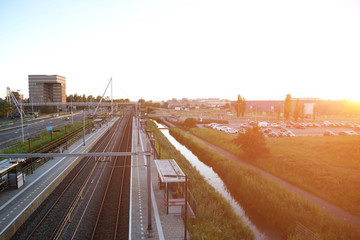 Railroad on the background of the evening sky. City background