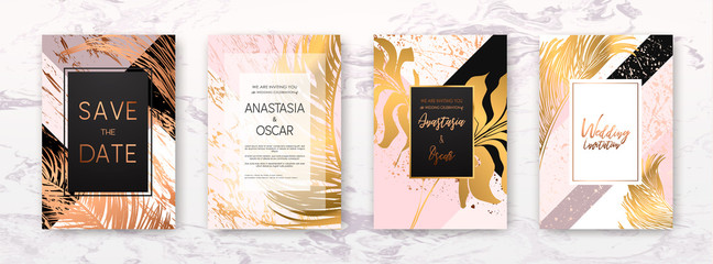 Wedding invitation with Gold palm leaves, black, white marble template, artistic covers design, colorful texture, leaf backgrounds. Trendy pattern, graphic gold brochure. Luxury Vector illustration.
