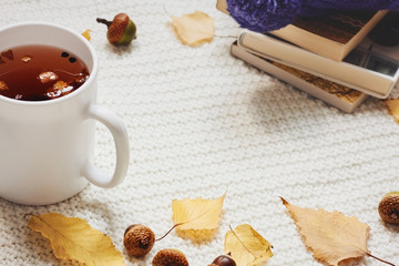 Fall composition. Cup of hot berry tea, yellow autumn leaves, acorns, warm hat and pile of books on white knitted background