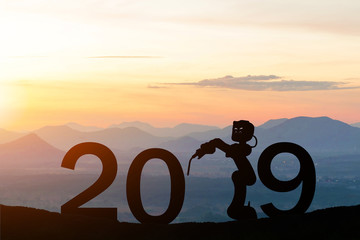 Happy New Year 2019 future robots silhouette