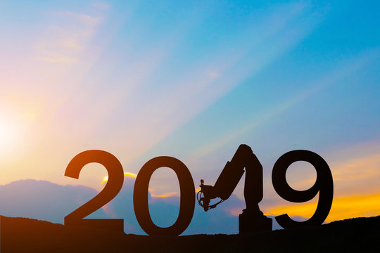 Happy New Year 2019 future robots silhouette