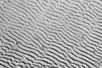 Black wet beach sand form in curve-line pattern for abstract high contrast background, nature beauty