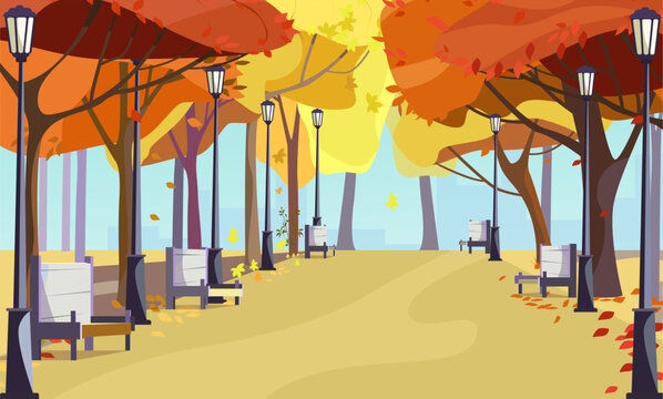 Walkway in city park with autumn trees, benches and lanterns. Cityscape, recreation area. Flat style vector illustration. For leaflets, brochures, wallpapers, posters or banners.