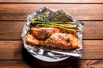 Salmon fillet cooked with asparagus