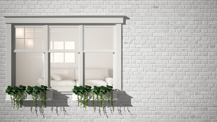 Exterior brick wall with white window with potted plant, showing interior modern living room, blank background with copy space, architecture design concept