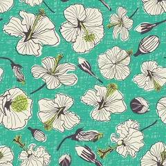 Foto op Plexiglas anti-reflex Green vintage hibiscus flowers and buds seamless vector repeat pattern with textured background. Perfect for fabric, clothing, packaging, gift wrap, backdrops and wallpaper © KaliaZen