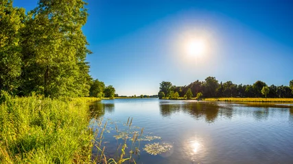 Selbstklebende Fototapete Fluss Sommerlandschaft mit Bäumen, Wiesen, Fluss und strahlender Sonne