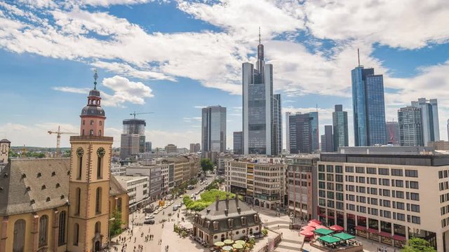 Frankfurt aerial view city skyline timelapse at business district skyscraper, Frankfurt, Germany 4K Time lapse