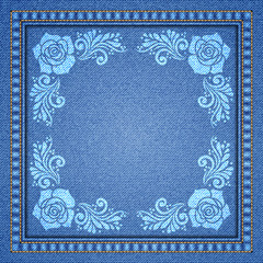 Denim background with decorative seams and floral ornament. Vector Illustration
