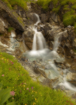 Water cascade in a small rocky gorge, long exposition, soft filter