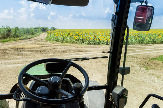tractor interior and sunflower field