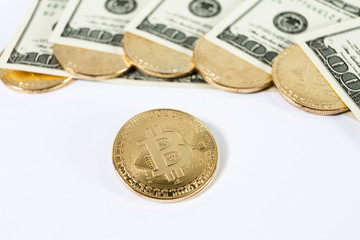 Golden bitcoin coin close up