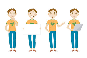Male genius in t-shirt with bio hazard sign character set with different poses, emotions, gestures. Part of hipster, laptop, poster. Can be used for topics like chemist, student, teenager