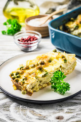 Baked yellow sring beans with parmesan cheese. Selective focus, space for text.