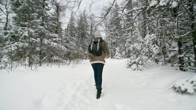 Rear view following shot of female tourist with backpack walking on snow through forest at cold winter day