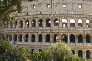 Naklejka premium Detail of the Colosseum, known as Amphitheatrum Flavium, symbol of the city of Rome, of Italy and one of the seven wonders of the world. In ancient times it was used for gladiatorial shows.