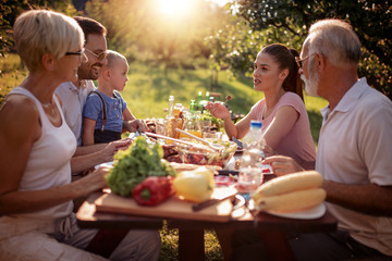 Family having a lunch in their garden in summer