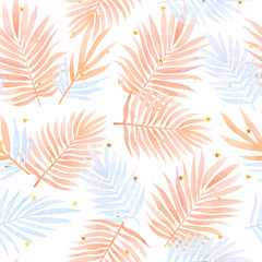 Seamless watercolor pattern with tropical leaves.