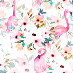 Watercolor seamless pattern. Floral print with flamingo.