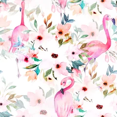 Afwasbaar Fotobehang Flamingo Aquarel naadloze patroon. Bloemenprint met flamingo.