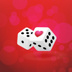 Illustrations with Couple of Dice with Heart Symbol on passionate red background.