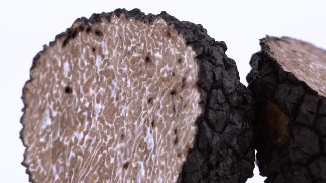 Macro shot of a cut in half black truffle. Cutaway in section.