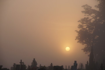 mglisty jesienny wschód słońca nad cmentarzem, atmosfera smutku i przygnębienia, pożegnanie na cmentarzu