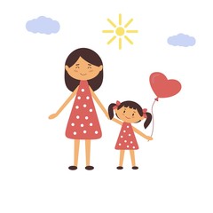 Woman holding the girl's hand. Vector illustration of mother and daughter. Girl with a balloon.