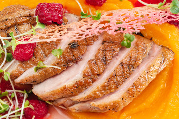 Seared Duck with sweet potato puree.