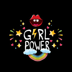 vector girl power label or cute sticker with calligraphic text isolated on black background. woman feminism concept illustration or poster with slogan.