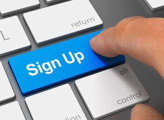 sign up pushing keyboard with finger 3d illustration