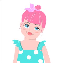 Cute girl with pink hair. Vector cartoon illustration
