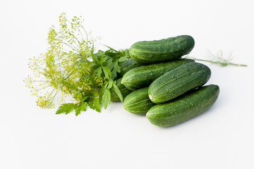 Young cucumbers with greens on a white background