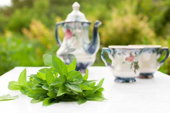 Mint tea with a couple at the table in the garden