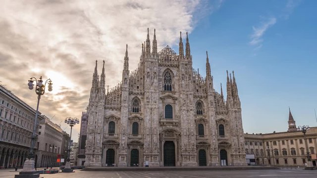 Milan city skyline sunrise timelapse at Milano Duomo Cathedral, Milan, Italy 4K Time lapse