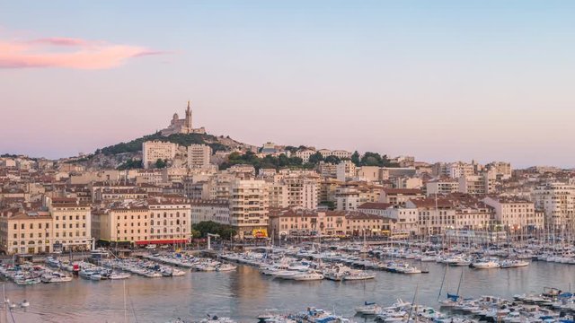 Marseille city skyline Vieux Port day to night timelapse, Marseille, France 4K Time lapse