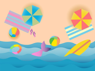 Obraz na płótnie Canvas Summer beach paper cut out style vector. 