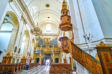 The wooden pulpit in St Peter and Paul Church in Krakow, Poland