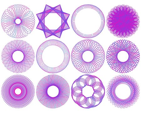 Set spirographic elements for design certificates and gift vouchers. Blue and pink icons isolated on white background.