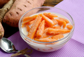 Thailand desserts made from sweet potatoes.
Sweet potatoes in coconut milk. 