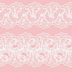 Set of lace seamless borders. White floral ribbons on pink background. Openwork element for design.