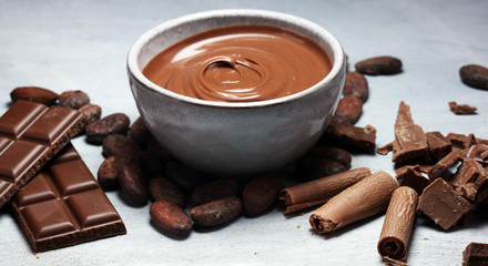 Melting chocolate  or melted chocolate with a chocolate swirl. Many stack and chips with powder.