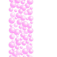 Vertical decorative line with soap bubbles, background with pink realistic water beads, pink blobs, vector foam sphere illustration