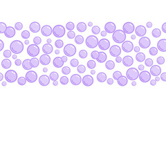 Horizontal decorative line with soap bubbles, background with water beads, purple blobs, vector foam illustration