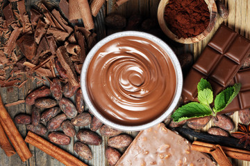 Melting chocolate  or melted chocolate with a chocolate swirl. Many stack and chips with powder.