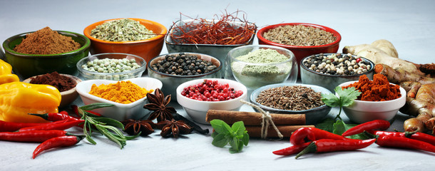 Spices and herbs on table. Food and cuisine ingredients.